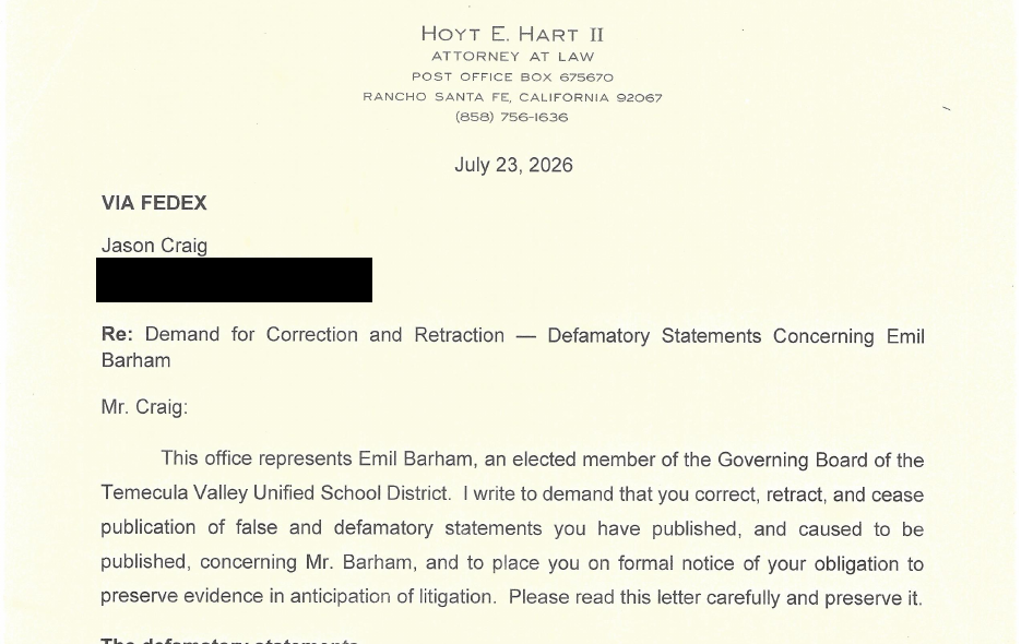 First page of a July 23, 2026 letter from attorney Hoyt E. Hart II on behalf of Emil Barham, demanding a correction and retraction and threatening litigation