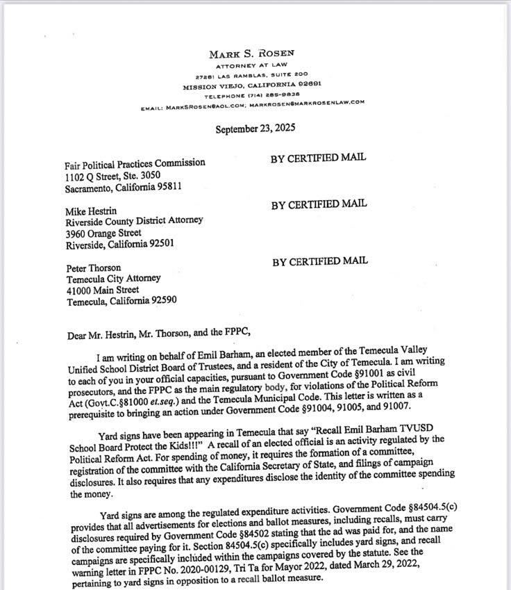 First page of a September 23, 2025 letter from attorney Mark S. Rosen, written on behalf of Emil Barham, to the Fair Political Practices Commission, the Riverside County District Attorney, and the Temecula City Attorney about recall yard signs
